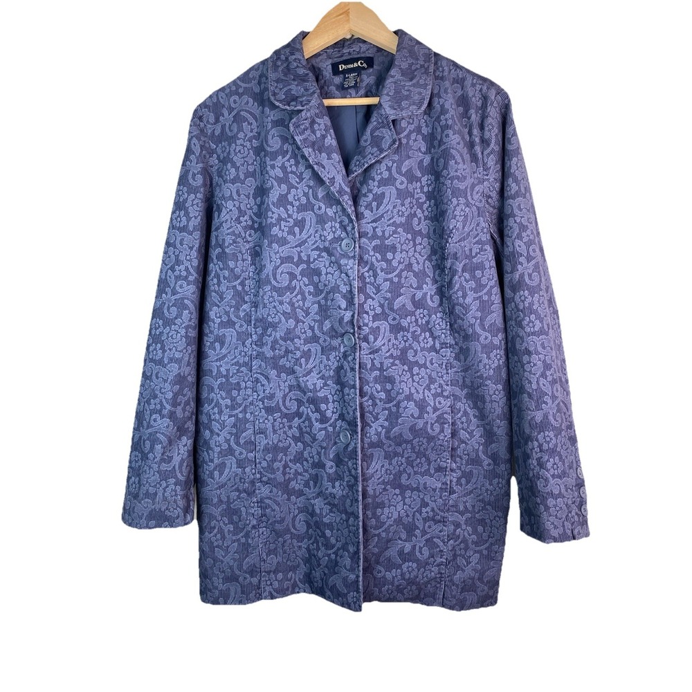 Denim & Co. Women's XL Blue Floral Corduroy Lined Button Up Boho Coat